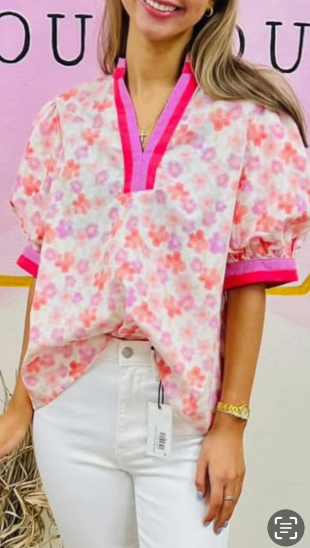 Entro Floral pattern multicolor band cuff elbow length sleeve pullover top