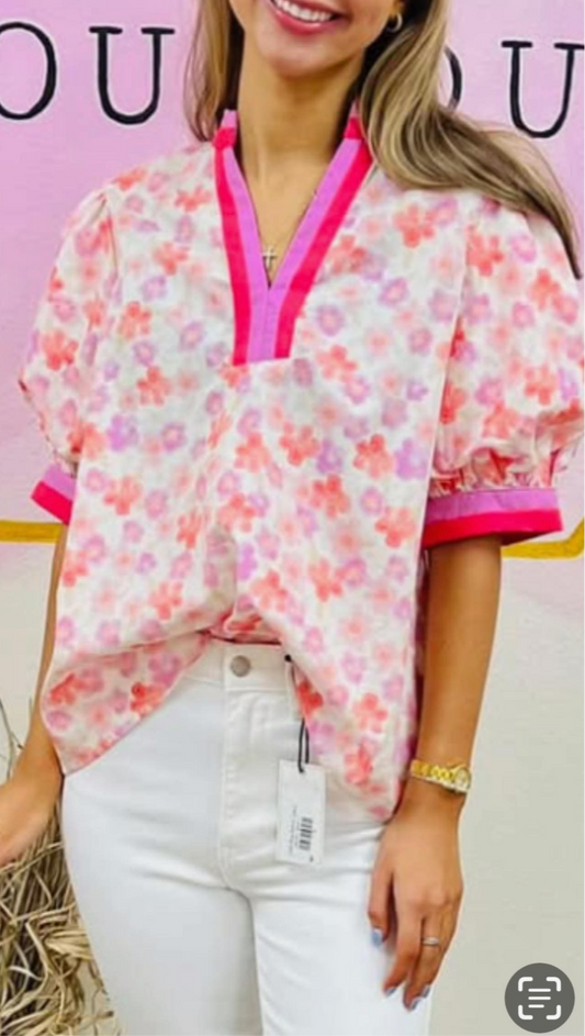 Entro Floral pattern multicolor band cuff elbow length sleeve pullover top