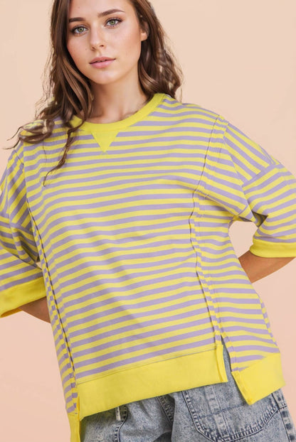 NT12481-Oversized Stripe Casual Knit Top: SEAFOAM/PINK / S-M-L/2-2-2