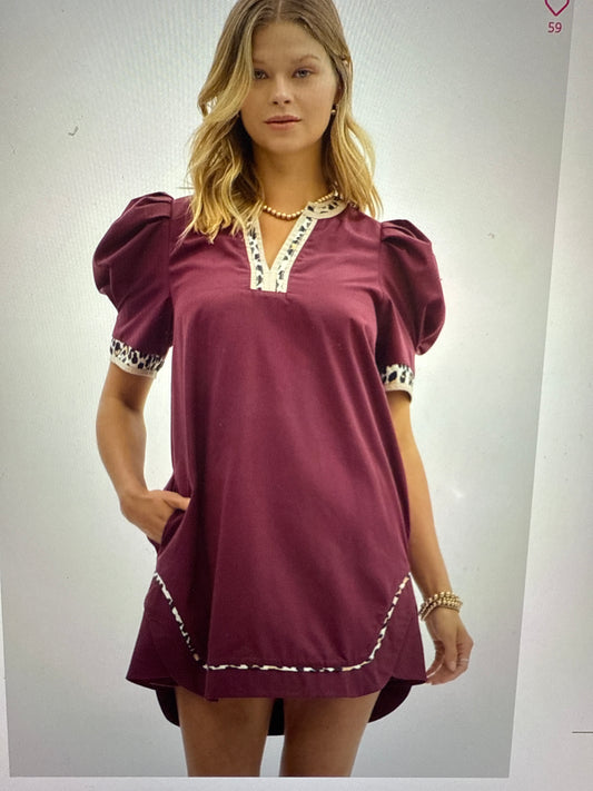 Entro Solid Puff Sleeve Dress with Animal Print Detail