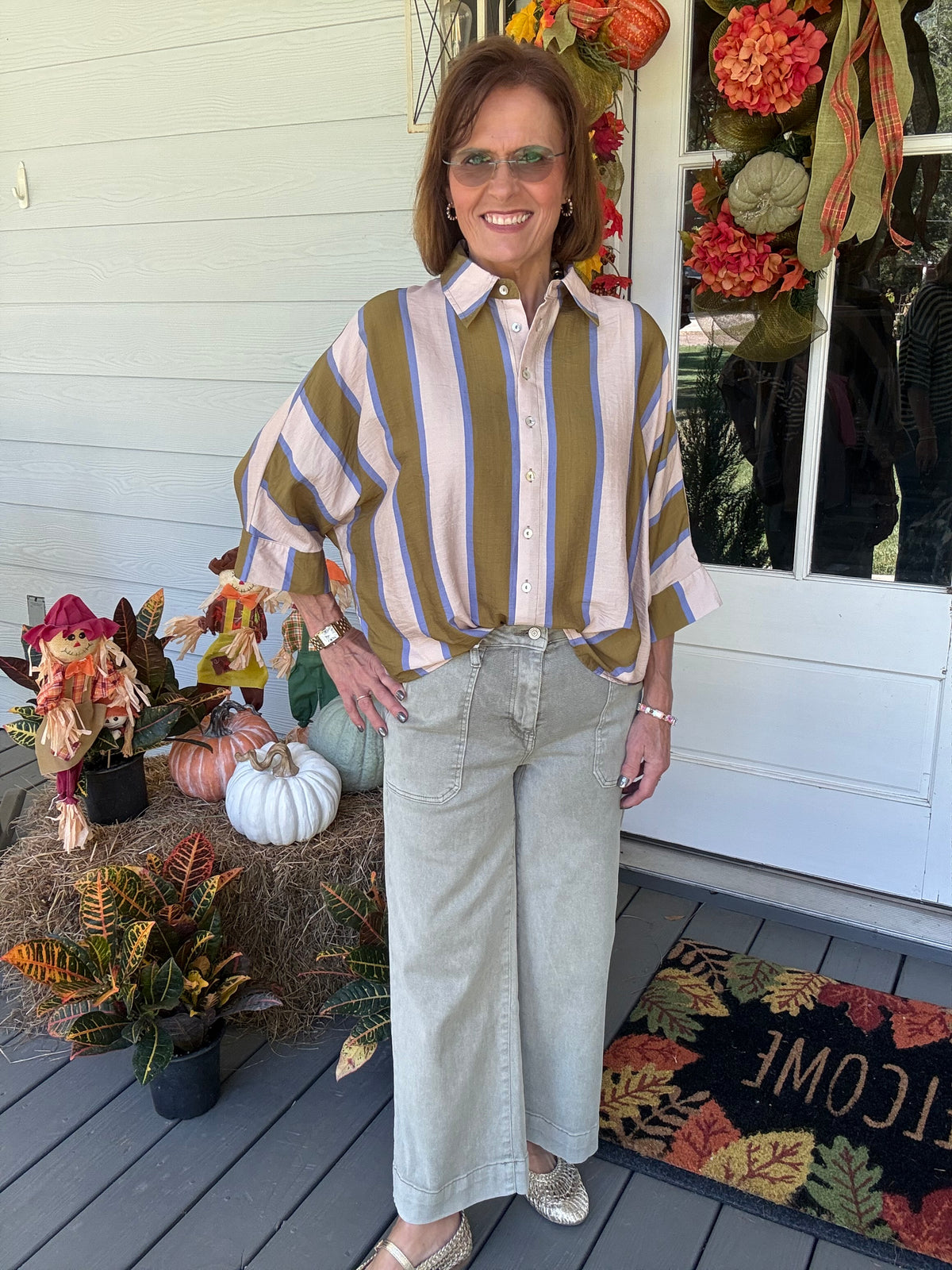 Meet Me Downtown Button Down Top- Olive Blue