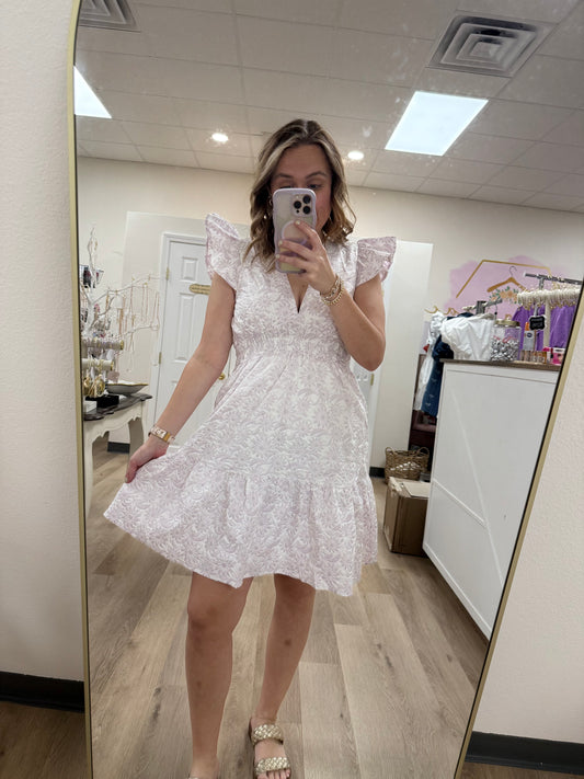 S+S Butterfly Sleeve Woven Jacquard V Neck Dress