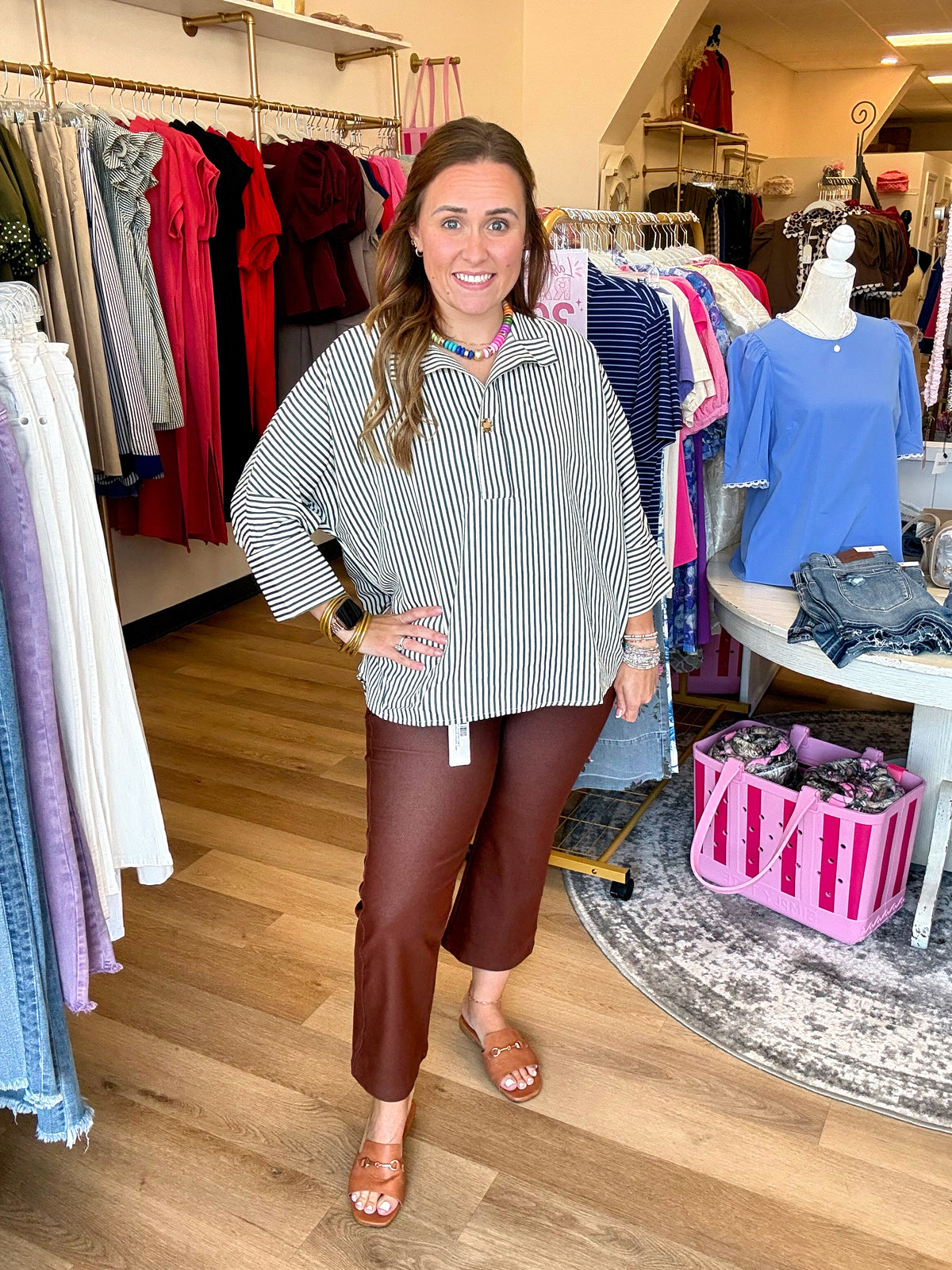 The Yacht Club Striped Top- Hunter Green