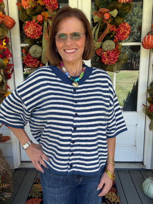 The Everyday Striped Cardigan- Midnight Blue