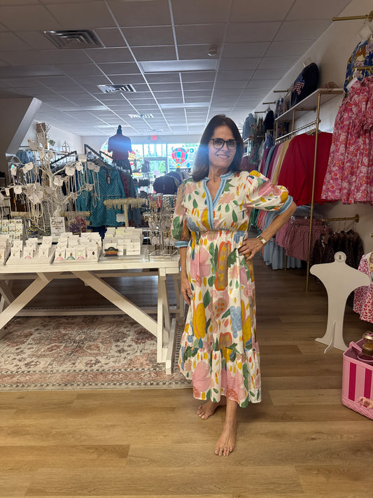 Umgee Watercolor Pastel Midi Dress Puff Sleeve
