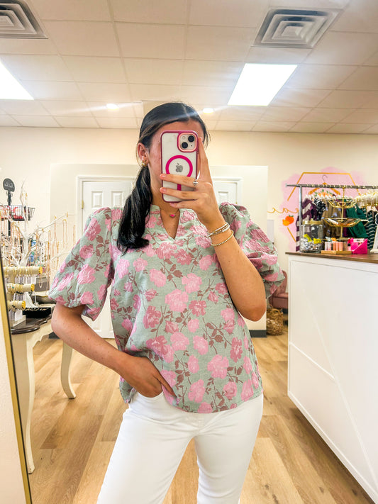 VOY Floral Jacquard Puff Sleeve Top