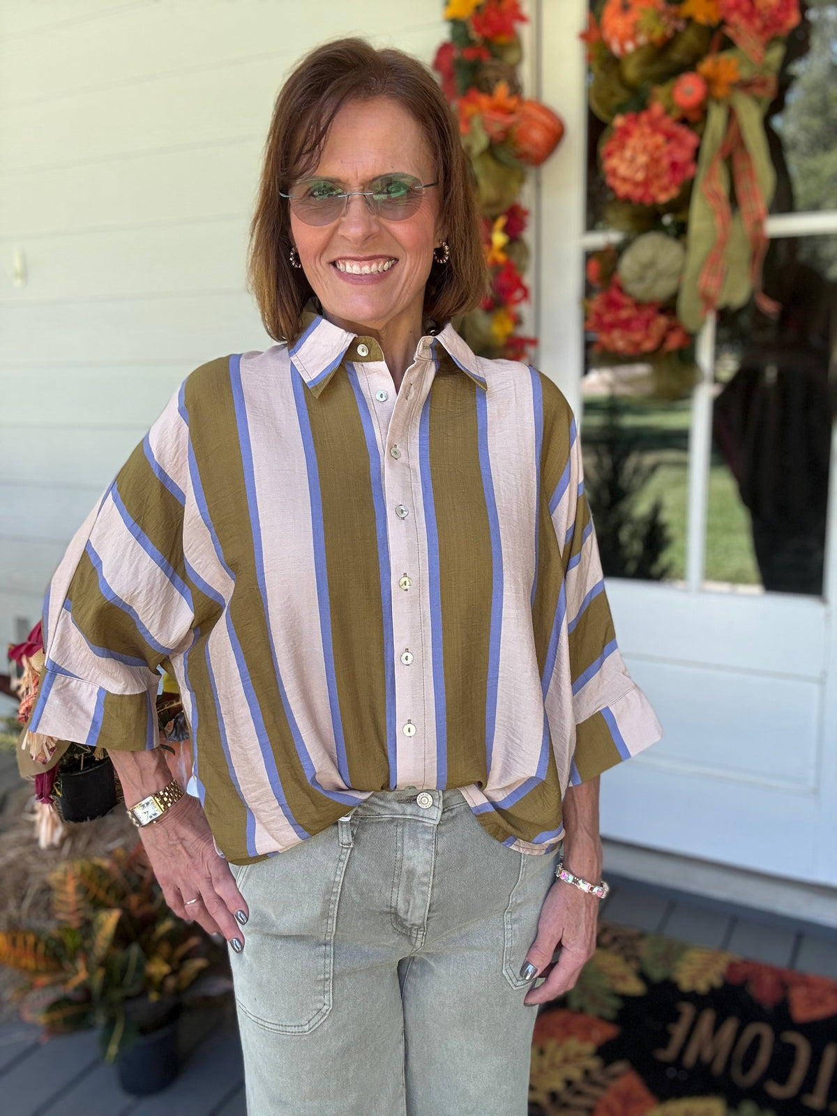Meet Me Downtown Button Down Top- Olive Blue
