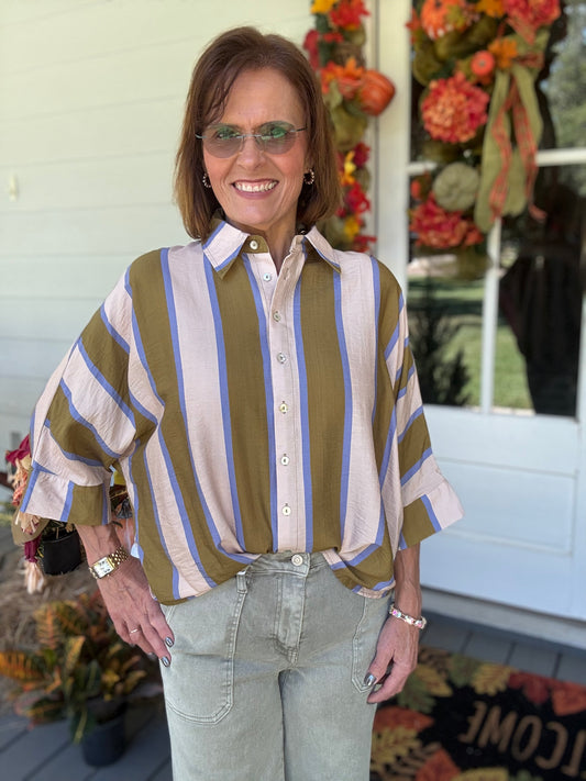 Meet Me Downtown Button Down Top- Olive Blue