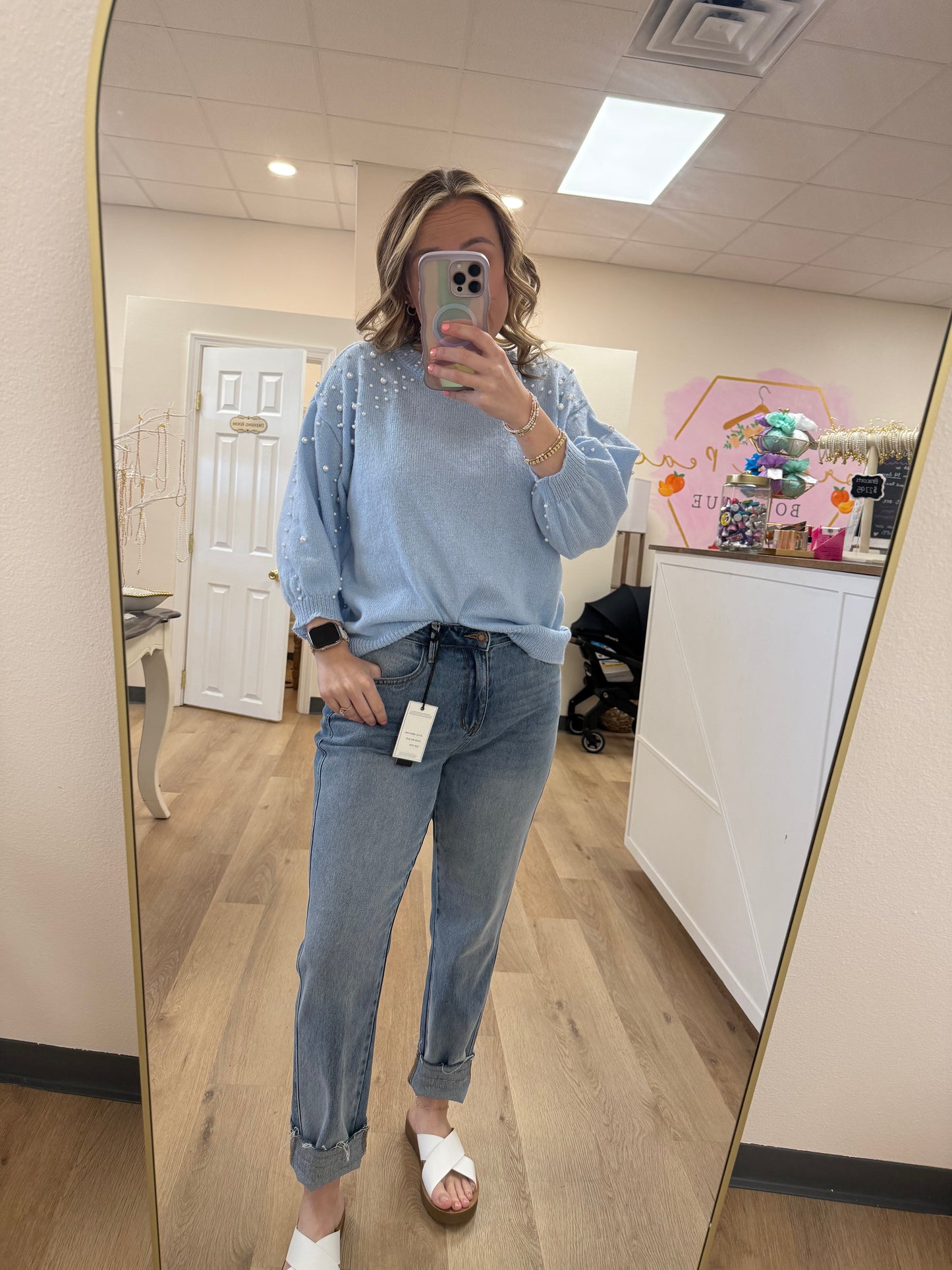 BiBi Beaded Pearl Short Sleeve Sweater