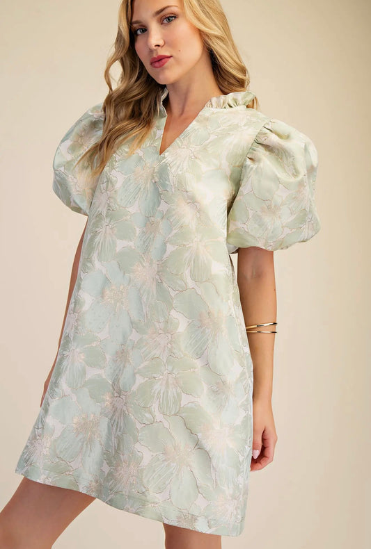 Glam Ruffle V Neck Puff Sleeve Dress