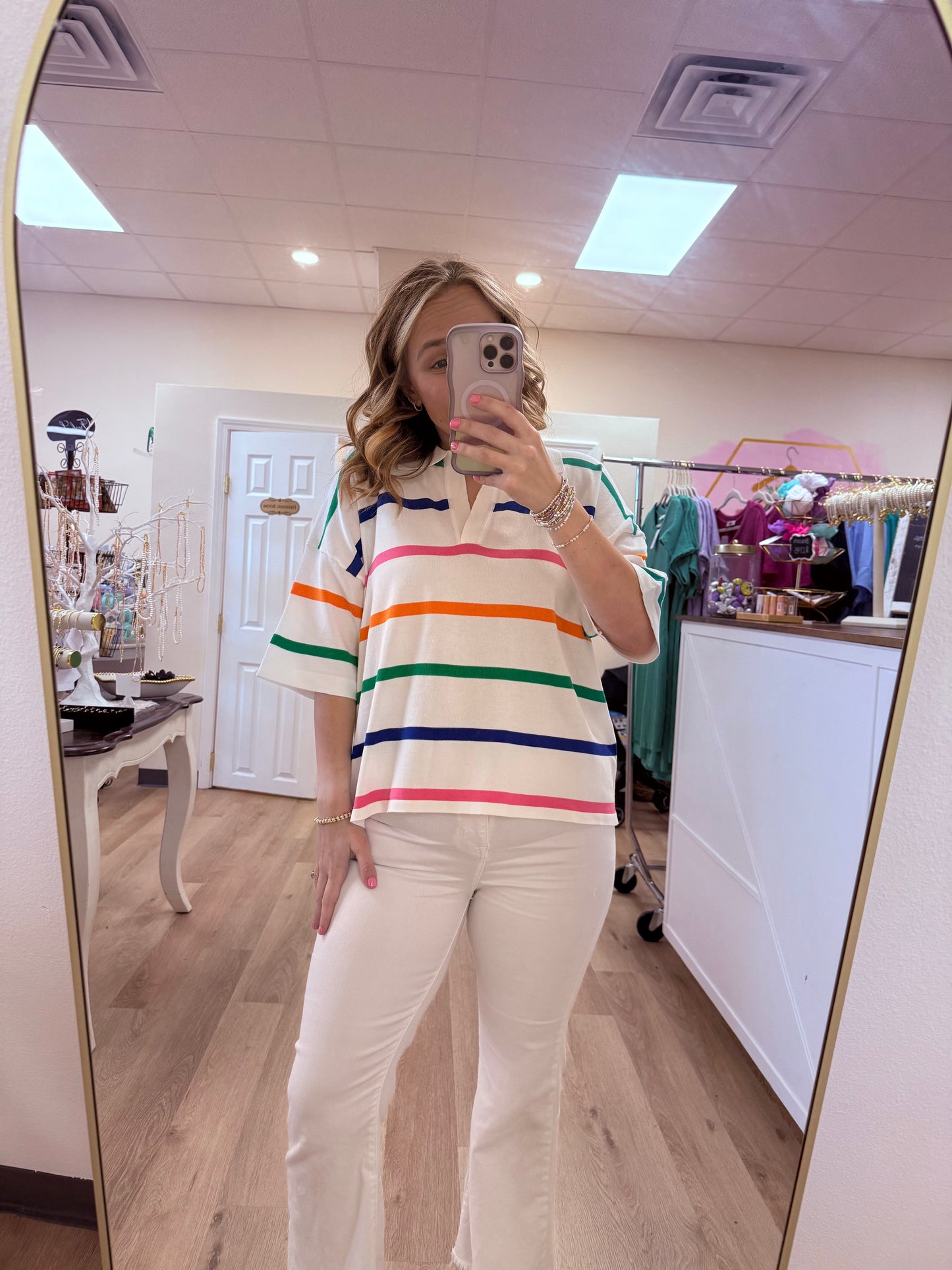 V&L Collared Short Sleeve Multi Striped Top