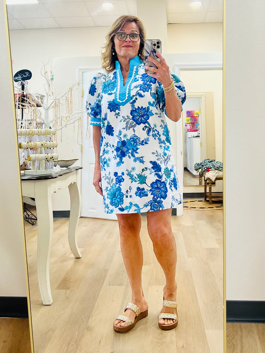 Entro Floral Trimmed Puff Sleeve Dress