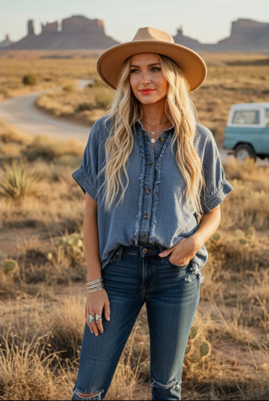 S+S Frayed Trim Denim Button Top