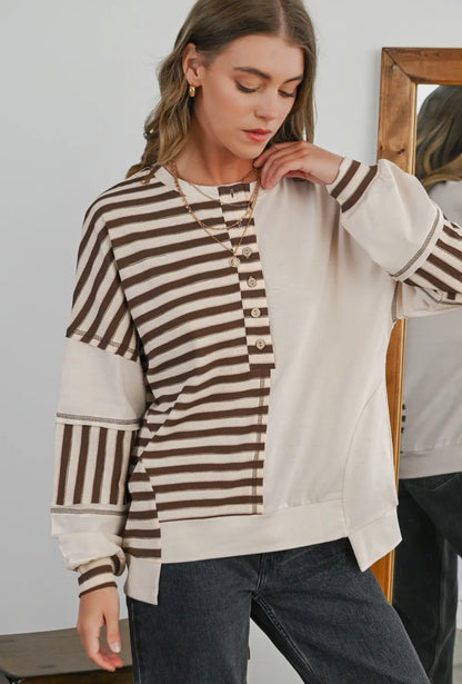 Striped Stitch Colorblock Patch Oversized Top