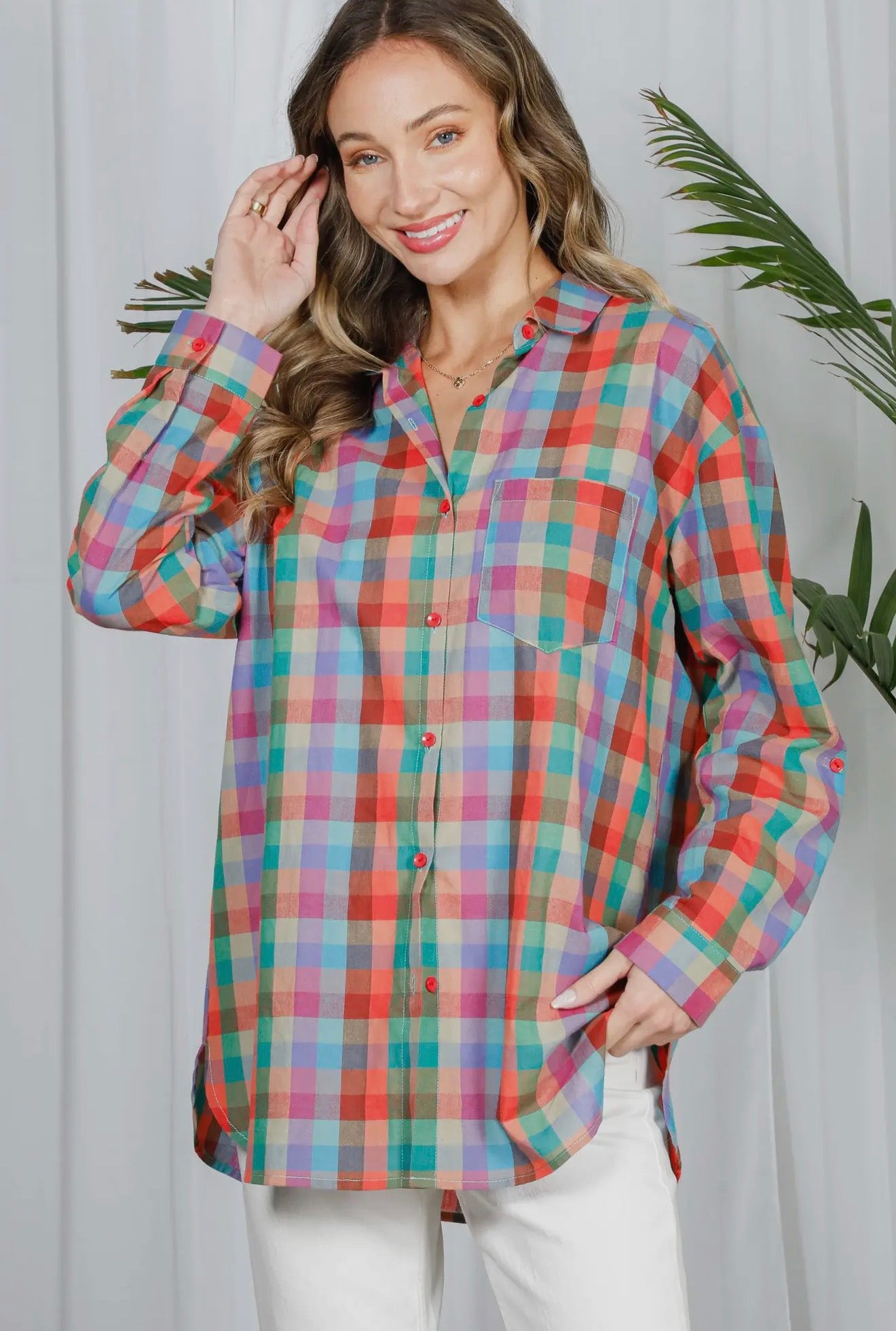 Vine & Love Collared Plaid Roll Up Oversized Shirt