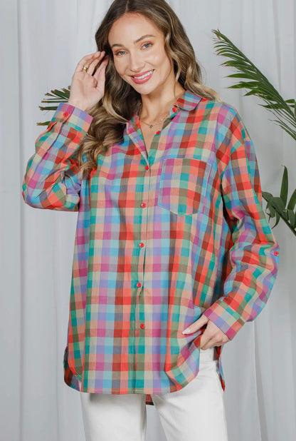 Vine & Love Collared Plaid Roll Up Oversized Shirt