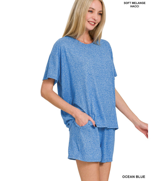 Zenana Soft Melange Short Sleeve Shorts Set