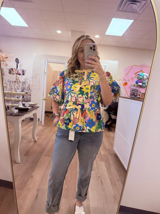 Umgee Floral Print Round Neck Top