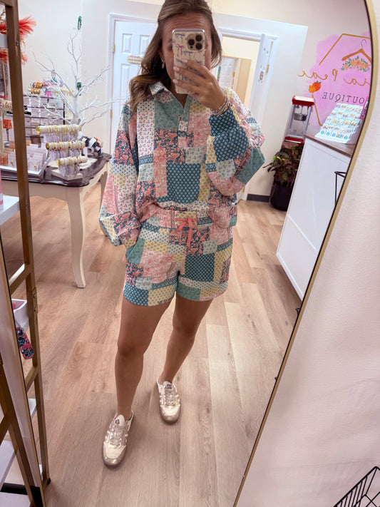 Simply Southern Patchwork Long Sleeve Shorts Set