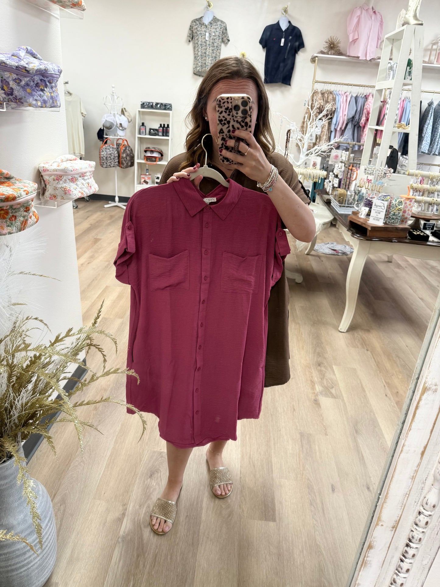 S+S Drop Shoulder Button Up Woven Shirt Dress