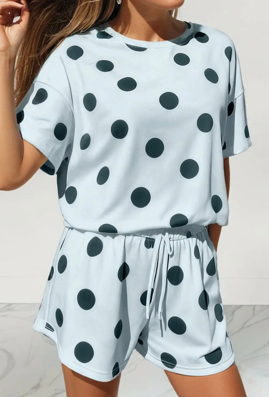 LAS Polka Dot Print Loose Shorts Set- Sky Blue