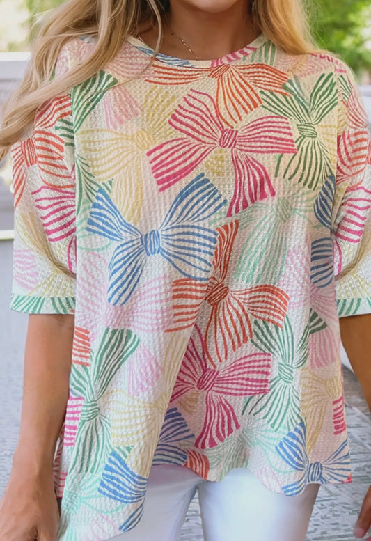 LDC Bowknot Print Waffle Crewneck Loose Short Sleeve Top
