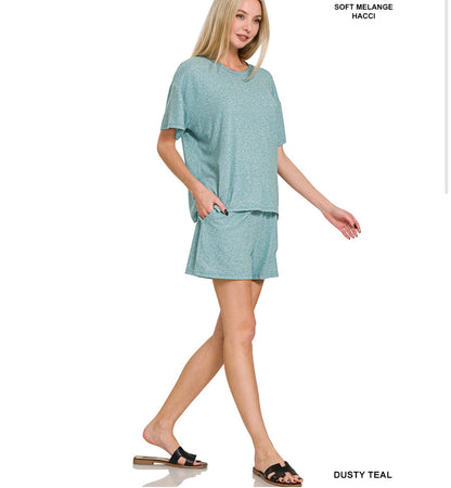 Zenana Soft Melange Short Sleeve Shorts Set