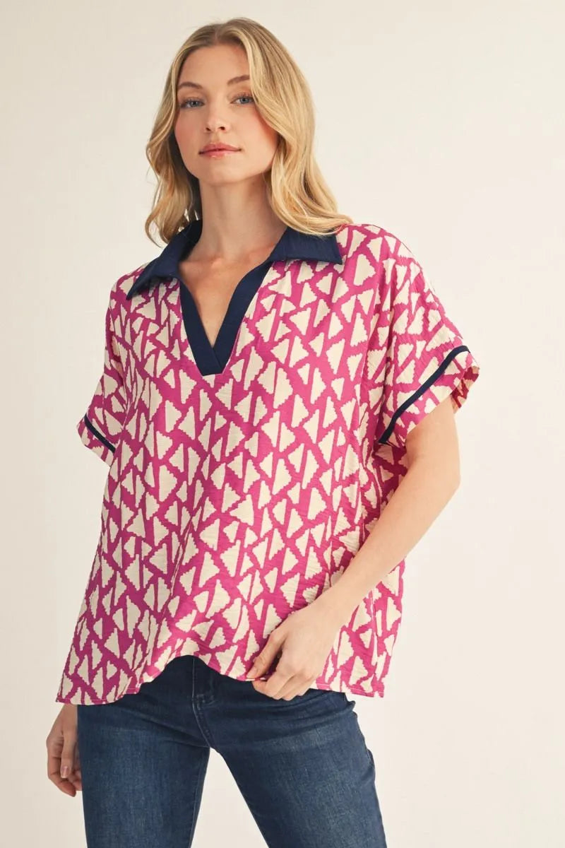 Drop shoulder Geo print top with color contrast v neckline & collar- magenta