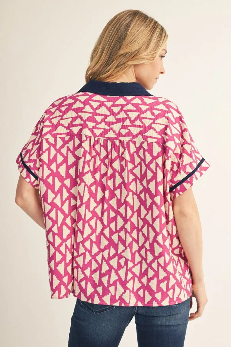 Drop shoulder Geo print top with color contrast v neckline & collar- magenta