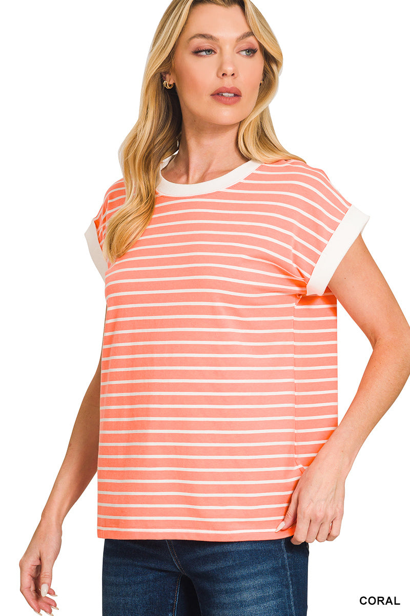 Zenana Contrast Trim Cap Sleeve Stripe Tee