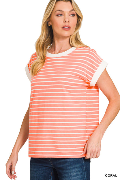 Zenana Contrast Trim Cap Sleeve Stripe Tee