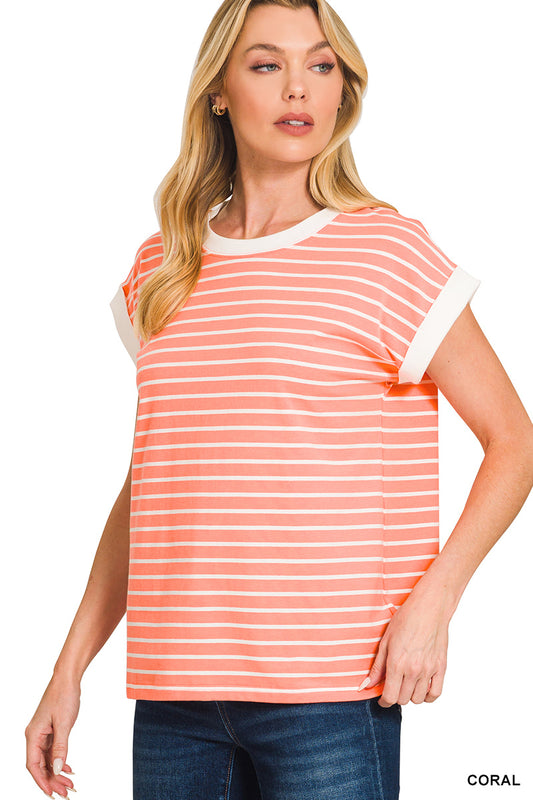 Zenana Contrast Trim Cap Sleeve Stripe Tee