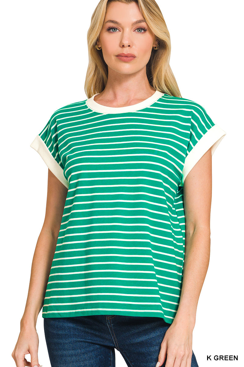 Zenana Contrast Trim Cap Sleeve Stripe Tee