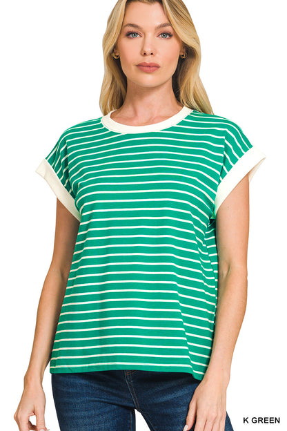Zenana Contrast Trim Cap Sleeve Stripe Tee