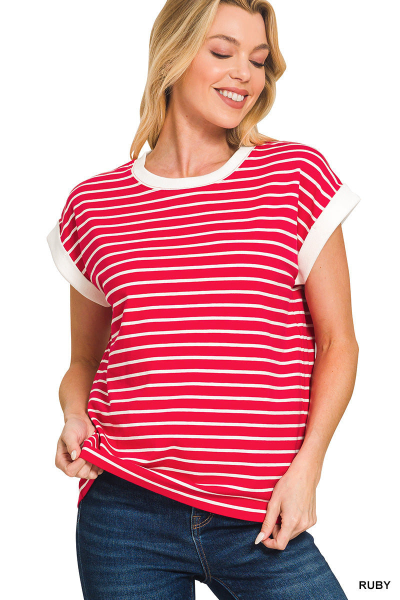 Zenana Contrast Trim Cap Sleeve Stripe Tee