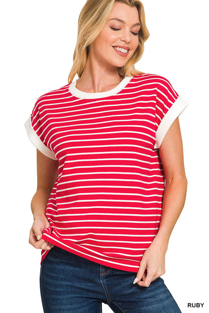 Zenana Contrast Trim Cap Sleeve Stripe Tee
