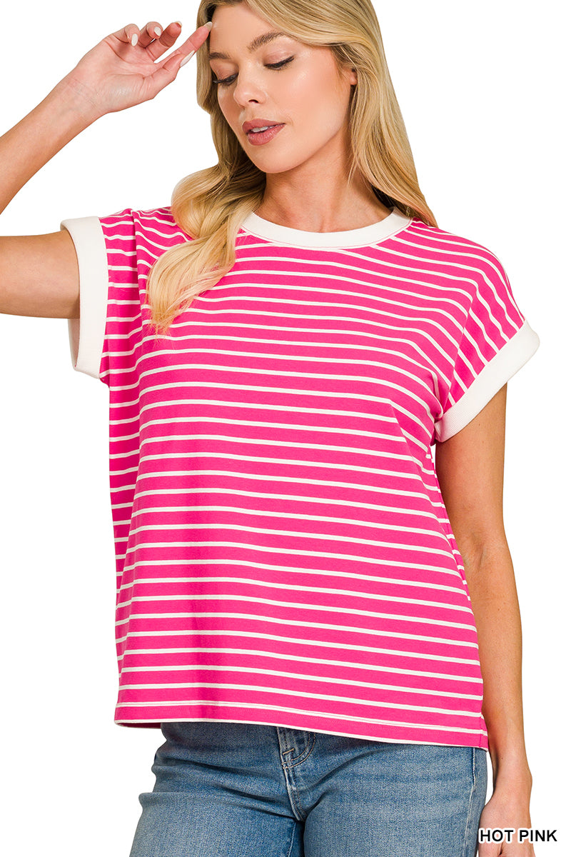Zenana Contrast Trim Cap Sleeve Stripe Tee
