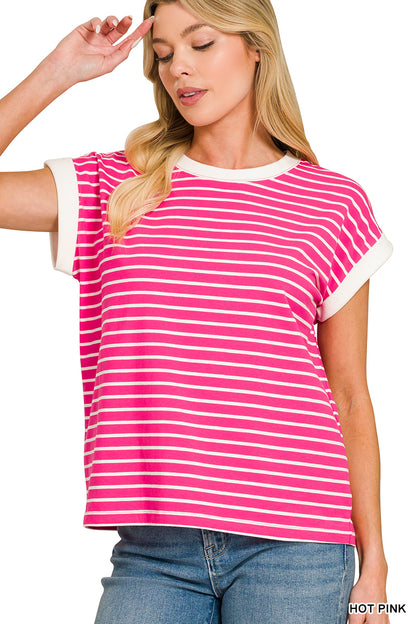 Zenana Contrast Trim Cap Sleeve Stripe Tee