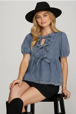 S+S SHORT PUFF SLEEVE WASHED DENIM BLOUSE TOP WITH FRONT BOW TIE
