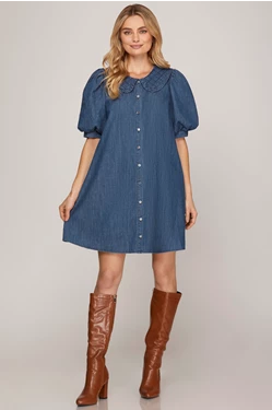 S+S Short Puff Sleeve Washed Denim Frill Collar Button Down Dress with Pockets