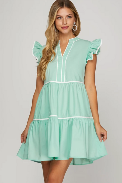 S+S Ruffle Sleeve Tiered Woven Dress with Contrast Piping and Pockets