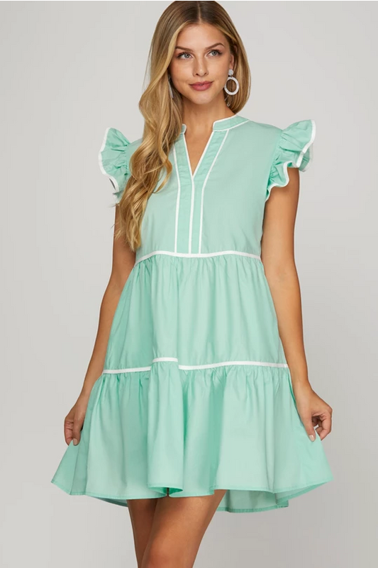 S+S Ruffle Sleeve Tiered Woven Dress with Contrast Piping and Pockets