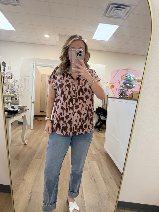 Umgee Animal Print Button Down Collared Shirt