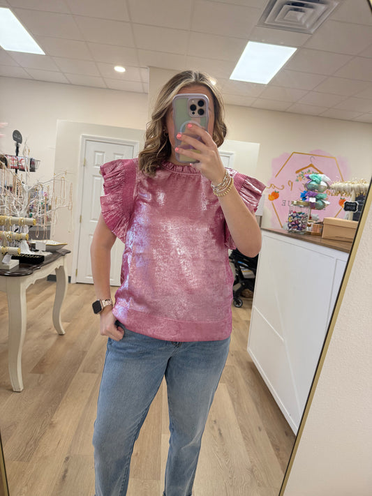 Jodifl Flutter Sleeve Metallic Short Sleeve Top