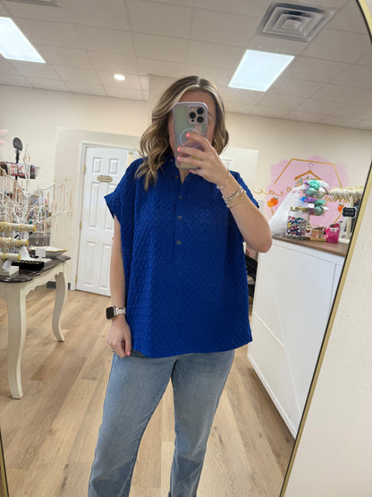 Umgee Textured Jacquard Half Button Down Boxy Cut Top