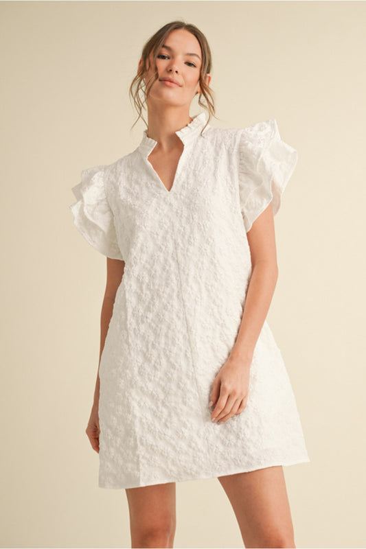 Jodifl Floral embroidered dress with split frilled neck
