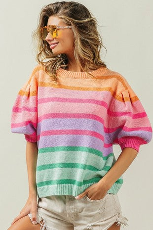 BiBi Striped Colorful Puff Sleeve Sweater