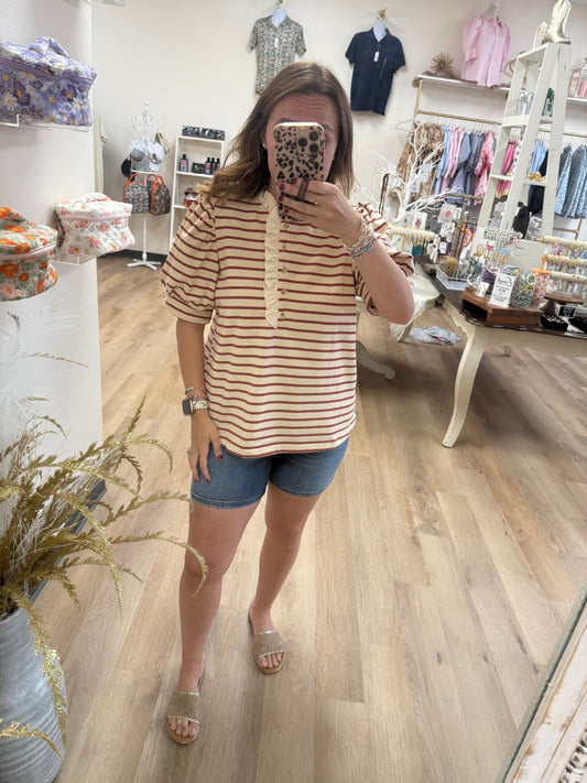 Entro Striped Ruffle Collar Neck Top