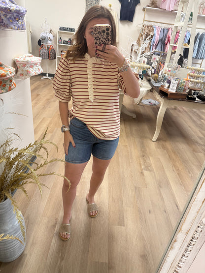 Entro Striped Ruffle Collar Neck Top