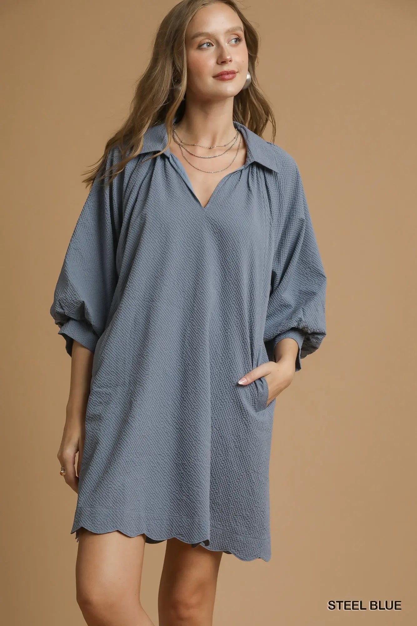 Umgee V-Neck Dress with Puff Sleeve